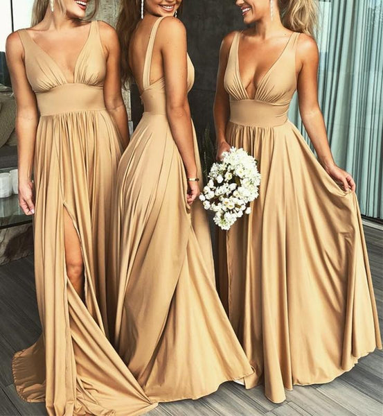 Backless Beach V-Neck Long Gold Bridesmaid Dresses Slit Side,BD930628