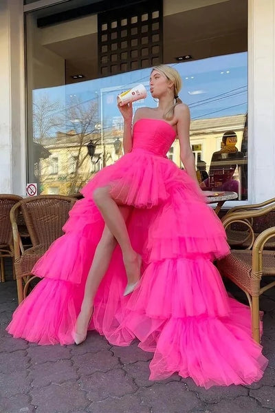 Pink High Low Tulle Princess A-line Long Prom Dresses, Evening Dresses,BD930746