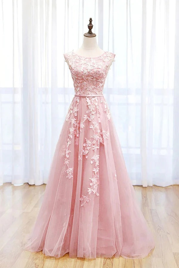 Pink Tulle Scoop Lace A-line Prom Dresses, Long Formal Dresses,BD930763