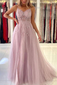 V-neck Pink Tulle A-line Beaded Prom Dresses, Evening Dresses,BD930751