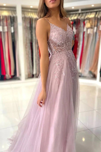 V-neck Pink Tulle A-line Beaded Prom Dresses, Evening Dresses,BD930751