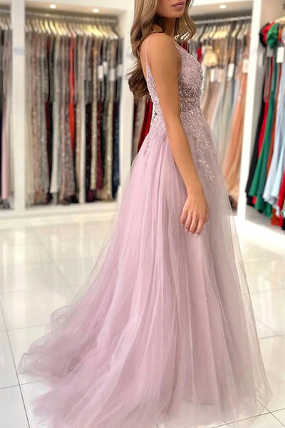 V-neck Pink Tulle A-line Beaded Prom Dresses, Evening Dresses,BD930751