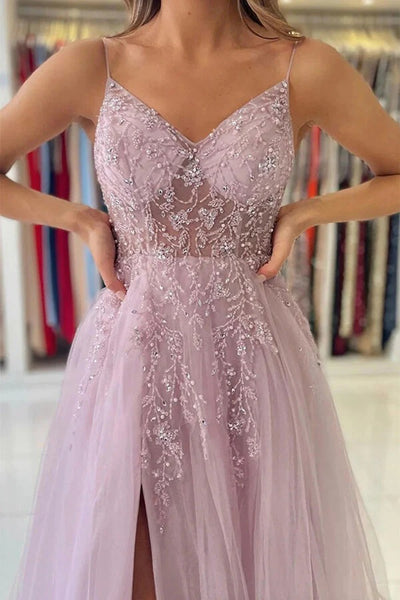 V-neck Pink Tulle A-line Beaded Prom Dresses, Evening Dresses,BD930751