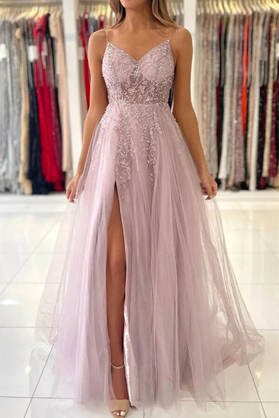 V-neck Pink Tulle A-line Beaded Prom Dresses, Evening Dresses,BD930751