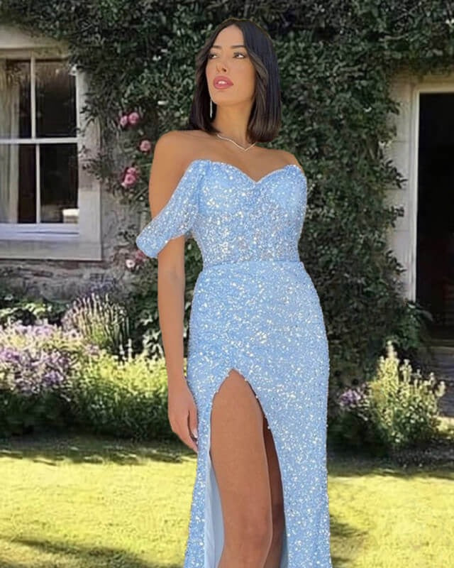 Mermaid Baby Blue Prom Dresses ,Sparkly Split Evening Dress – luladress