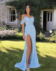 Mermaid Baby Blue Prom Dresses ,Sparkly Split Evening Dress,BD93058