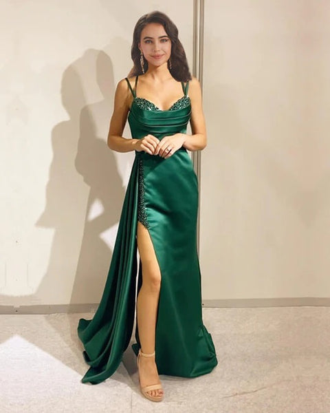 Mermaid Multi Long Straps Satin Prom Dress With Slit,BD93056