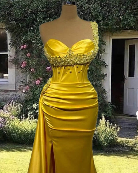 Cheap Mermaid Yellow Long Pearl Prom Dresses,Evening Dresses,BD93052