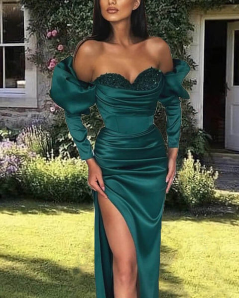 Mermaid Long Emerald Satin Sleeved prom Dress, Evening Dresses,BD93051