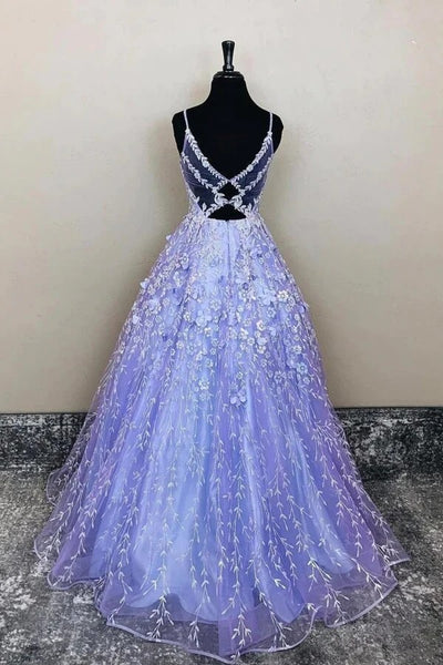 Long Purple Tulle A-line Lace Appliques Prom Dresses,BD930733