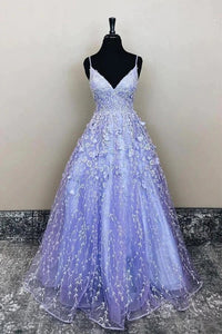 Long Purple Tulle A-line Lace Appliques Prom Dresses,BD930733
