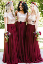 Mismatched Burgundy Sequin Top Long Bridesmaid Dress