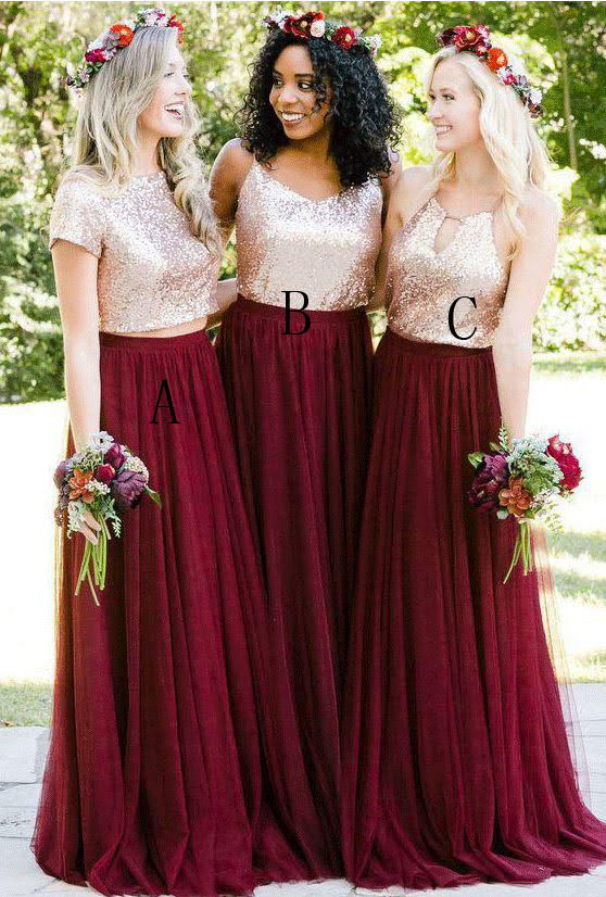 Mismatched Burgundy Sequin Top Long Bridesmaid Dress