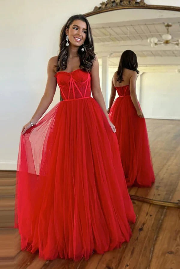 Sweetheart Neck Red Lace A-line Prom Dresses, Evening Dresses,BD930739