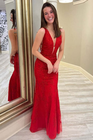 V-neck Red Mermaid Floor Length Lace Prom Dresses, Evening Dresses,BD930743