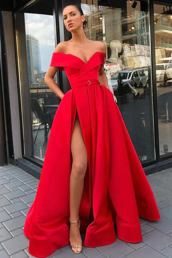 Red Satin A-line High Split Off-the-Shoulder Prom Dresses With Pockets,BD930758