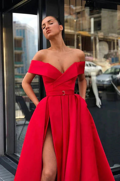 Red Satin A-line High Split Off-the-Shoulder Prom Dresses With Pockets,BD930758