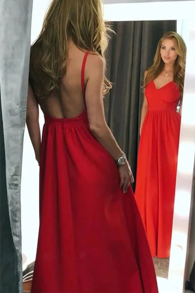 A-line Spaghetti Straps Red Satin Backless Prom Dresses, Evening Gown,BD930749
