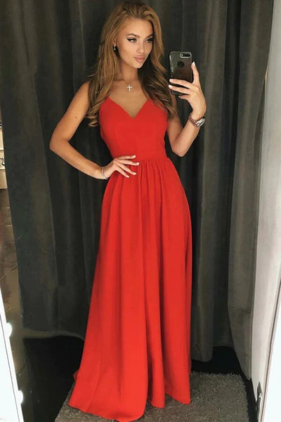 A-line Spaghetti Straps Red Satin Backless Prom Dresses, Evening Gown,BD930749