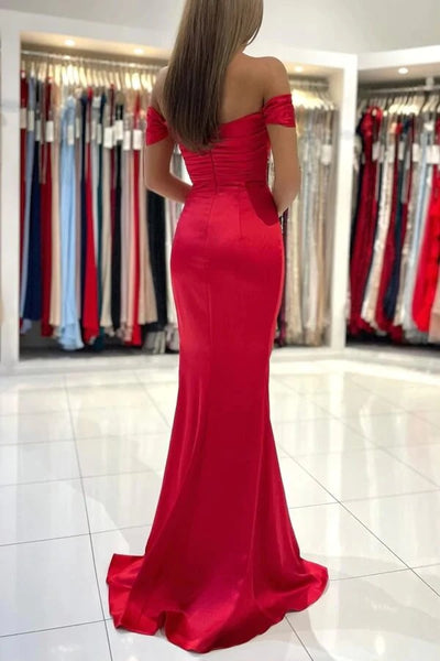 Red Satin Long Mermaid Off-the-Shoulder Prom Dresses, Evening Dresses,BD930787