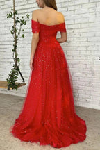 Red Tulle Long Off the Shoulder Prom Dresses, A-line Evening Dresses
