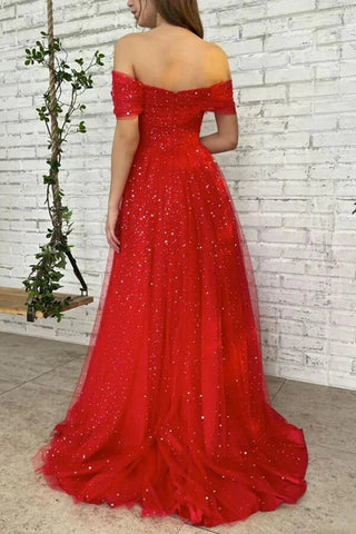 Red Tulle Long Off the Shoulder Prom Dresses, A-line Evening Dresses
