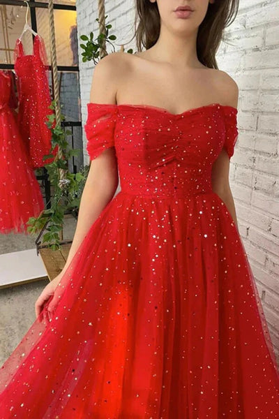 Red Tulle Long Off the Shoulder Prom Dresses, A-line Evening Dresses,BD930762