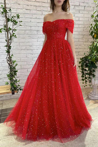 Red Tulle Long Off the Shoulder Prom Dresses, A-line Evening Dresses,BD930762