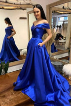 Off Shoulder Royal Blue A-line Prom Dresses, Evening Dresses With Train