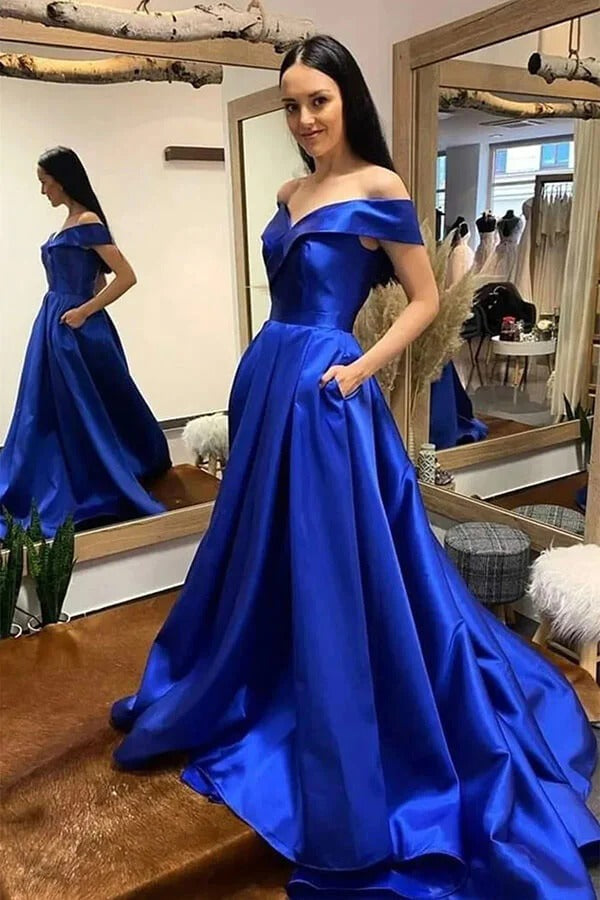 Off Shoulder Royal Blue A-line Prom Dresses, Evening Dresses With Train,BD930755