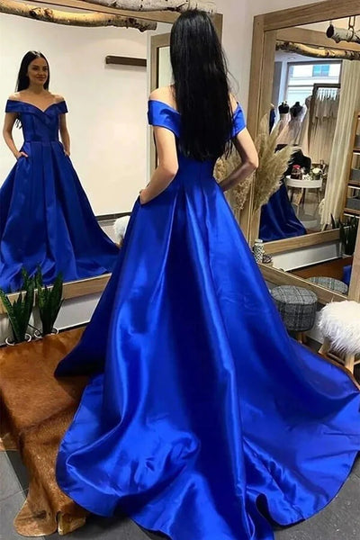 Off Shoulder Royal Blue A-line Prom Dresses, Evening Dresses With Train,BD930755