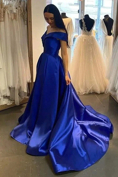 Off Shoulder Royal Blue A-line Prom Dresses, Evening Dresses With Train,BD930755