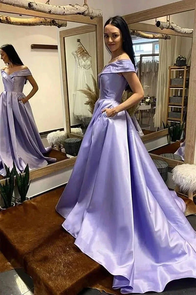 Off Shoulder Royal Blue A-line Prom Dresses, Evening Dresses With Train,BD930755