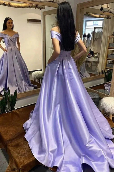 Off Shoulder Royal Blue A-line Prom Dresses, Evening Dresses With Train,BD930755