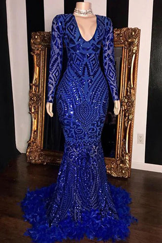 Royal Blue Mermaid V-neck Long Prom Dresses With Sleeves, Evening Dresses,BD930784