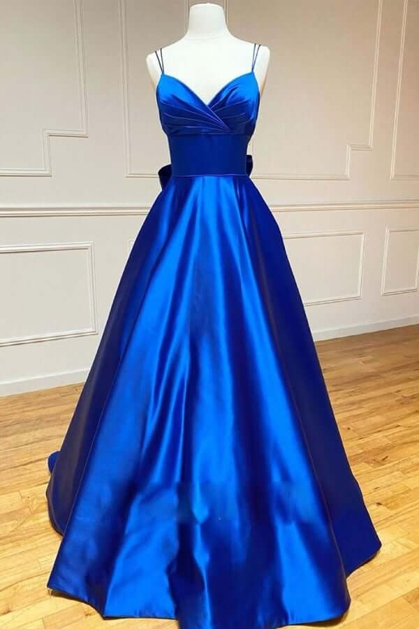 Royal Blue Satin A-line Spaghetti Straps Long Prom Dresses,BD930785