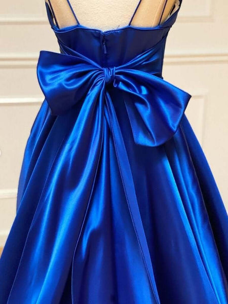 Royal Blue Satin A-line Spaghetti Straps Long Prom Dresses,BD930785