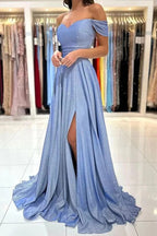 Long A-line Off-the-Shoulder Shiny Blue Prom Dresses, Evening Dresses