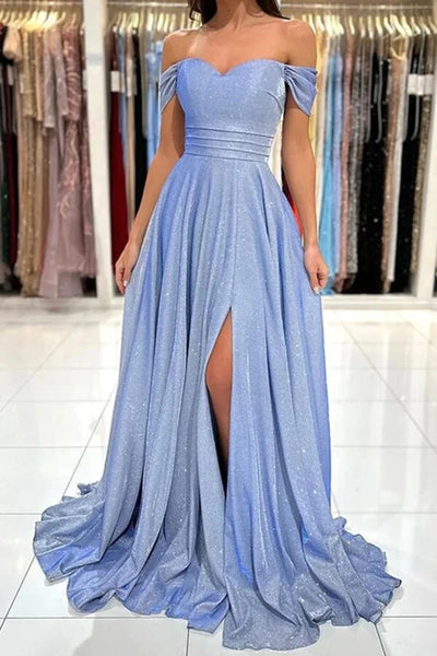 Long A-line Off-the-Shoulder Shiny Blue Prom Dresses, Evening Dresses,BD930729