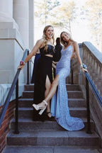 Sequins Shiny Blue Mermaid V-neck Prom Dresses With Slit, Evening Dresses