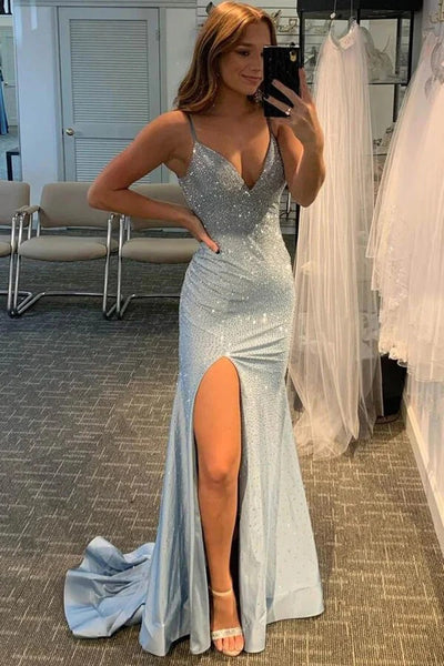 Mermaid Shiny Light Blue Prom Dresses, Long Formal Dresses,BD930726