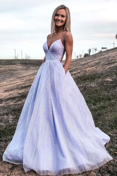 Shiny Purple Tulle Backless A-line Prom Dresses With Pocket, Evening Dresses,BD930772