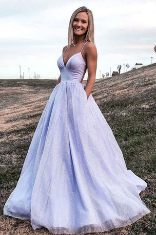 Shiny Purple Tulle Backless A-line Prom Dresses With Pocket, Evening Dresses,BD930772