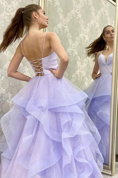 Shiny Purple Tulle A-line V-neck Prom Dresses, Spaghetti Straps Evening Dresses,BD930780