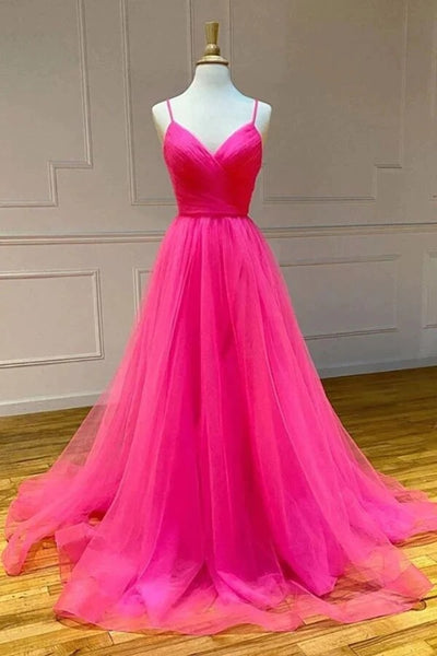 Simple Tulle A-line Hot Pink Prom dresses With Slit, Long Formal Dress,BD930717