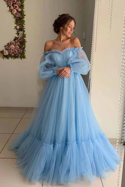 Sky Blue A-line Tulle Off-the-Shoulder Prom Dresses, Long Formal Dresses,BD930782