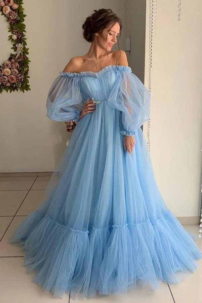 Sky Blue A-line Tulle Off-the-Shoulder Prom Dresses, Long Formal Dresses,BD930782