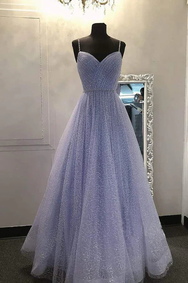 A-line V Neckline Sparkly Lilac Tulle Prom Dresses, Evening Dresses