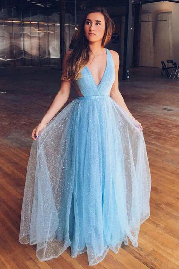 A-line Sparkly Tulle Light Blue Prom Dresses, Party Dress,BD930736