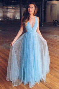 A-line Sparkly Tulle Light Blue Prom Dresses, Party Dress,BD930736